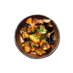 Hot spicy stew eggplant in Korean style with green onion. Aubergine saute. Vegan food. top view isolated on white background