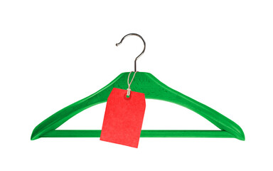 Red price tag on Green Wooden coat hanger  isolated on white background, png