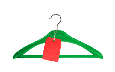 Red price tag on Green Wooden coat hanger  isolated on white background, png