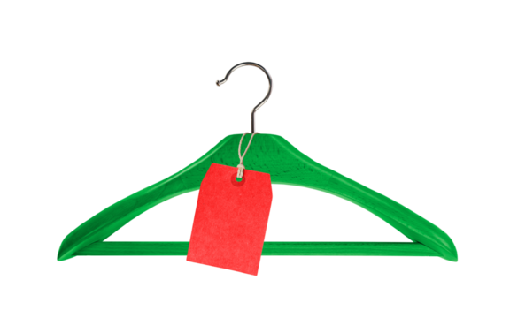 Red price tag on Green Wooden coat hanger  isolated on white background, png