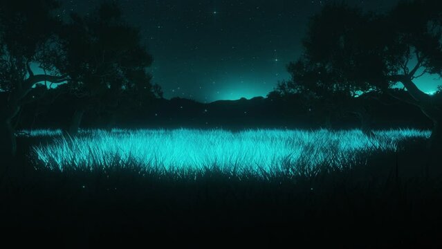 Blue Glowing Grass Meadow by Night - Loop Abstract Landscape Motion Background