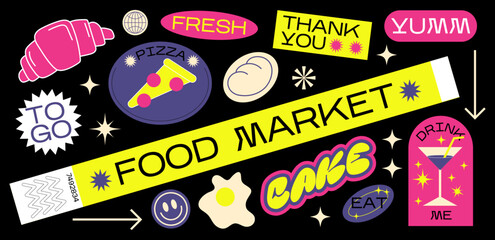 collection of various patches, labels, tags, stickers, brands of bracelets for a food market cafe. thank you, pizza, croissant, cocktail. Funky hipster stickers in 90s style. Vector set, trendy promo 