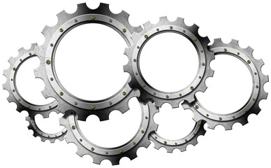 Group of empty metal gears (cogwheels) isolated on transparent background, 3D illustration and...