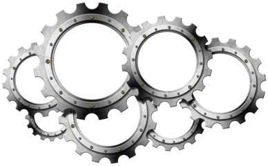 Group of empty metal gears (cogwheels) isolated on transparent background, 3D illustration and photography, png.