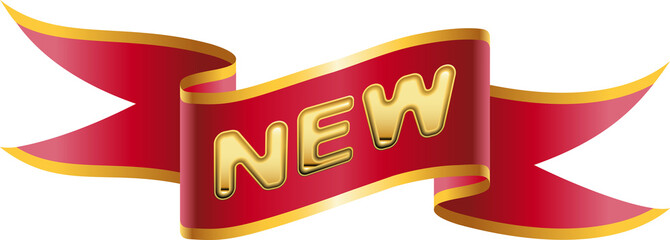 Schriftzug Neu aus Gold auf Rotgoldener Banderole