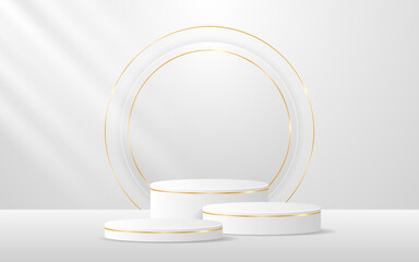 Multi-layered white podium has a round shape and gold lines on the back for product presentation. cosmetic product display vector illustration
