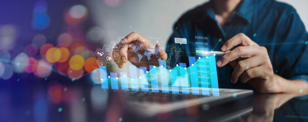 Business analysis big data screen and economic growth with financial graph. Concept of virtual...