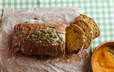 Pumpkin cupcake and pumpkin jam. View from above. Close-up