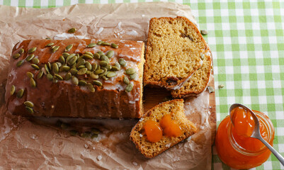 Pumpkin cupcake and pumpkin jam. View from above. Close-up