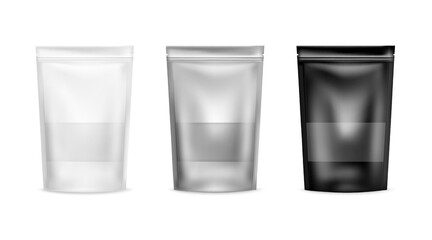 Pouch bag package. Clear white, aluminium and black packaging mockup. Kraft coffee doypack. Transparent plastic merchandise containers. Zipper sachet front view. Vector product packs set