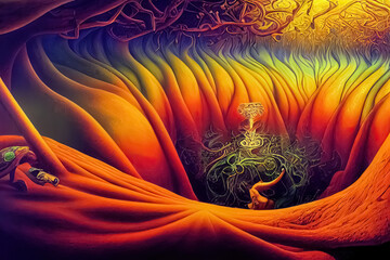 Ayahuasca experience, holistic healing, spiritual insight psychedelic vision. 3D illustration.
