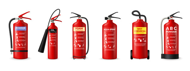 Fire extinguisher type, dry fire fighting powder class, water foam. Different alarm signs, wet chemical co2. Red cylinders with spray hoses. Vector infographic cartoon flat illustration © Natalia