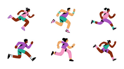 People run. Human action runners in marathon, man and woman do exercises, girl and boy in fast sprint. Bright sportswear contemporary person. Vector illustration cartoon flat characters