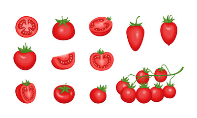 Cherry tomato icons. Red fresh raw vegetables with green stems, whole half and flat slices. Simple food drawing. Natural product group. Ketchup and cooking ingredient. Vector cartoon set