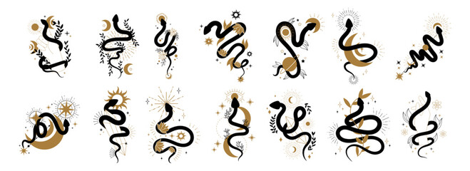 Snake logo, mystic tattoo icons. Fantasy moon, astrology star, spiritual boho gold elements and black reptile silhouette, magic witchcraft signs. Vector illustration isolated elements