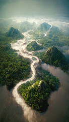 Aerial view of tropical rainforest and river. Climate and nature concept landscape. 3D illustration.