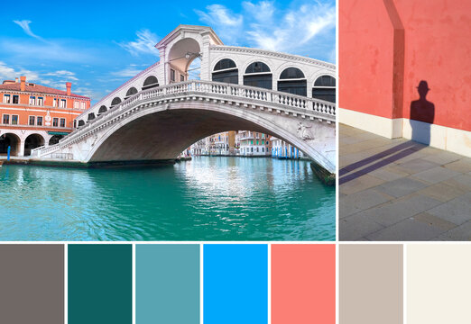 Color matching palette from image of Rialto bridge on The Grand Canal in Venice, Italy. Off white stone, salmon pink walls, blue sky and turquoise water.