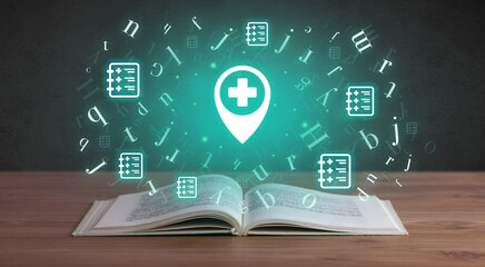 Open medical book with health icons above