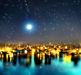Fototapeta na wymiar night starry sunset sky bright moon at sea futuristic city blurred light on horizon reflection on sea water wave nebula light seascape art