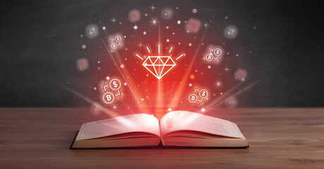 Open book with currency icons above