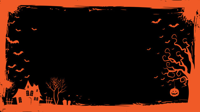 Halloween banner template with pumpkin, haunted house, flying bats border illustration