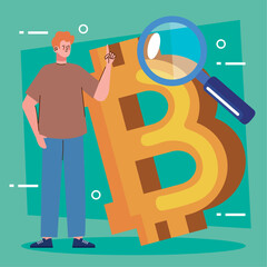 bitcoin symbol with man and magnifying glass