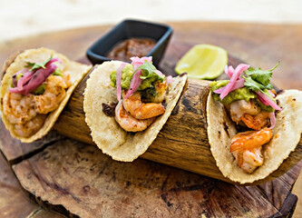 Traditional Mexican Prawn tacos close up, tacos on the beach in Mexico