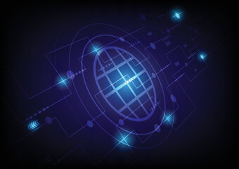 Interface design. Futuristic background with Earth planet, World map, techno screen elements and light effects.