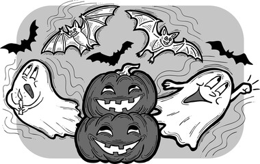 Halloween decorative design composition with pumpkin. ghost, bat. Hand drawn illustration for poster print, party invitation, sale promotion, banner advertisement. Funny, scary cartoon characters.