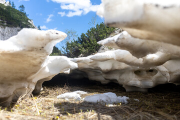 Spring thick layer of snow melting under sun