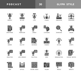 Podcast glyph style icons. Set of studio, business, finance, comedy, horror, politics and more. Can used for digital product, presentation, UI and more. Vector illustration on a white background.