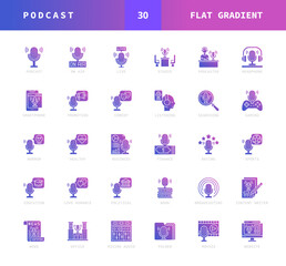 Podcast flat gradient style icons. Set of studio, business, finance, comedy, horror, and more. Can used for digital product, presentation, UI and many more. Vector illustration on a white background.