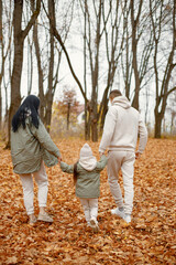 Naklejka na ściany i meble Backside photo of young family walking in autumn forest