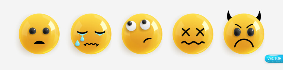 Emotion Realistic 3d Render. Set Icon Smile Emoji. Emotions face surprise, sadness, tears, sideways glance, chagrin, evil. Vector yellow glossy emoticons. Pack 15
