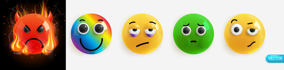 Emotion Realistic 3d Render. Set Icon Smile Emoji. Emotions face anger rage, iridescent, tired, sick, misunderstanding. Vector yellow glossy emoticons. Pack 32