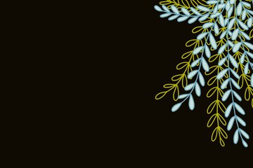 Hand drawn doodle vintage inspired fern plant with leafy branches design corner isolated black background in olive blue color