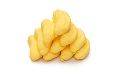 Banana marshmallow candy isolated on a white background.