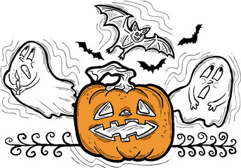 Halloween decorative design vector composition. Pumpkin. ghost, bat. Hand drawn illustration for poster print, party invitation, sale promotion, banner advertisement. Funny, scary cartoon characters.