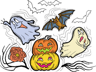 Halloween decorative design vector composition. Pumpkin. ghost, bat. Hand drawn illustration for poster print, party invitation, sale promotion, banner advertisement. Funny, scary cartoon characters.