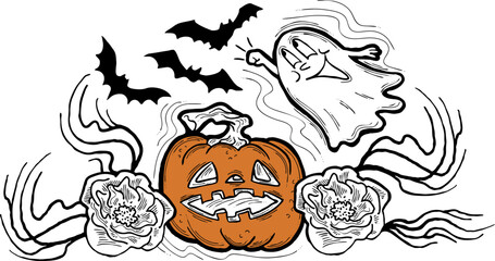 Halloween decorative design vector composition. Pumpkin. ghost, bat. Hand drawn illustration for poster print, party invitation, sale promotion, banner advertisement. Funny, scary cartoon characters.