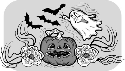 Halloween decorative design vector composition. Pumpkin. ghost, bat. Hand drawn illustration for poster print, party invitation, sale promotion, banner advertisement. Funny, scary cartoon characters.