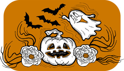 Halloween decorative design vector composition. Pumpkin. ghost, bat. Hand drawn illustration for poster print, party invitation, sale promotion, banner advertisement. Funny, scary cartoon characters.