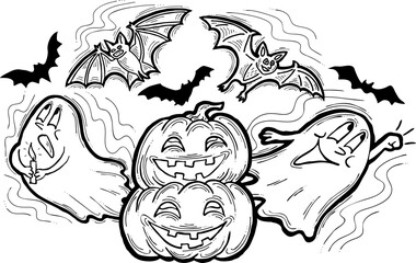 Halloween decorative design vector composition. Pumpkin. ghost, bat. Hand drawn illustration for poster print, party invitation, sale promotion, banner advertisement. Funny, scary cartoon characters.
