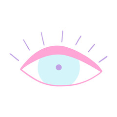 Obraz premium Mystical eye icon in cartoon retro style. Vector illustration of pop sticker, evil eye symbol, talisman in girly pink and blue colors