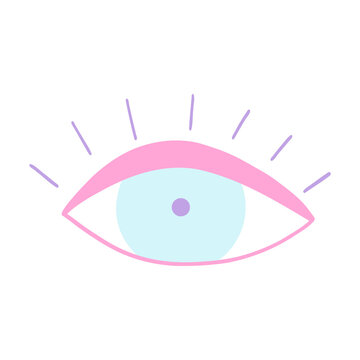 Mystical eye icon in cartoon retro style. Vector illustration of pop sticker, evil eye symbol, talisman in girly pink and blue colors