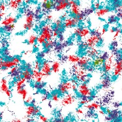 Paint splashes with dotted texture. Blue, violet, red and green colors on the white background. Seamless pattern