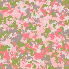 Chaotic transparent rectangular brush storkes. Pink, red, green, grey and white colors. Seamless pattern.