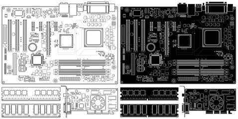 Layered editable vector illustration outline of old computer motherboard, memory and graphics card