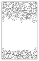 Contour floral pattern, hand-drawn flowers, leaves and twigs with berries. Black and white stylized pattern.