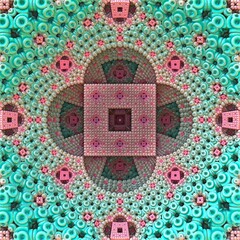 Abstract 3d illustration. Small shperes in mandala pattern. Blue and pink colors. Symmerical fractal background. 3d rendering